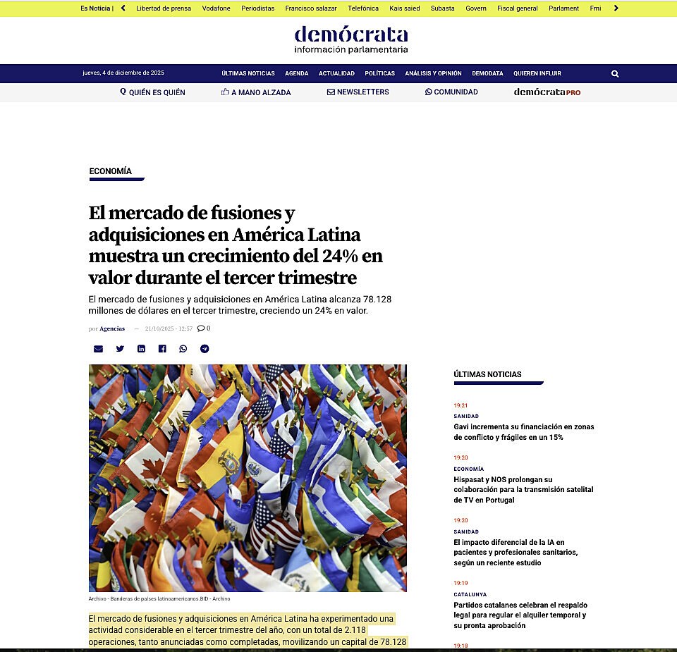 El mercado de fusiones y adquisiciones en Amrica Latina muestra un crecimiento del 24% en valor durante el tercer trimestre